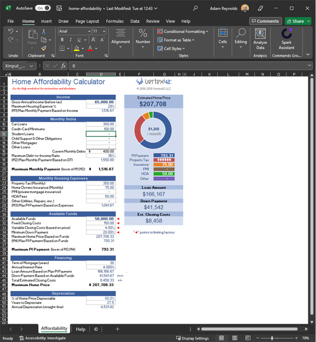 Home affordability calculator in Microsoft Excel