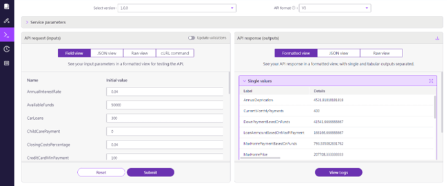 Screenshot of using the API test tool in Coherent Spark